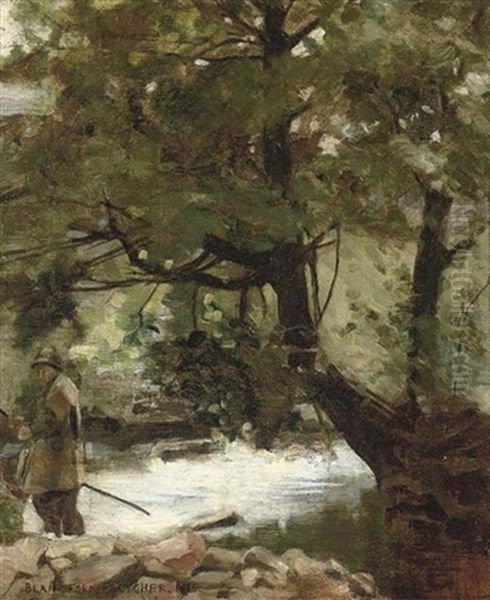 An Angler Beside A Wooded Stream Oil Painting by Blandford Fletcher