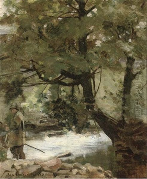 An Angler Beside A Wooded Stream Oil Painting by Blandford Fletcher