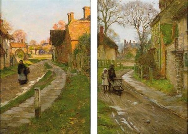 Village Scene (+ Another; Pair) Oil Painting by Blandford Fletcher