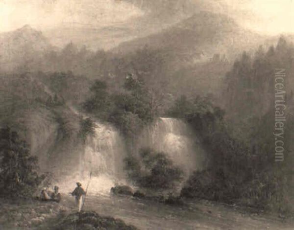 A Mountainous Landscape With Sailors Overlooking A Waterfall Oil Painting by Blandford Fletcher