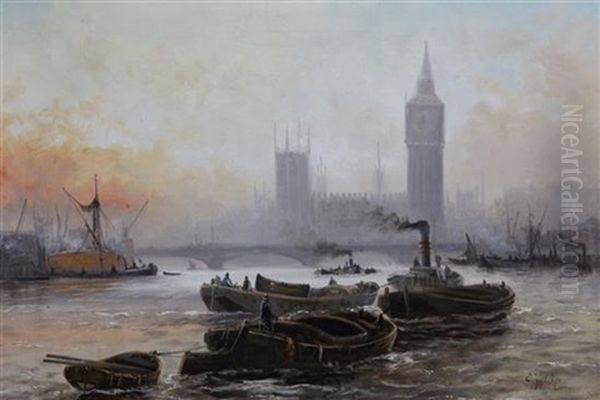 View Of The Palace At Westminster With Tug Boats On The Thames Oil Painting by Edward Henry Eugene Fletcher