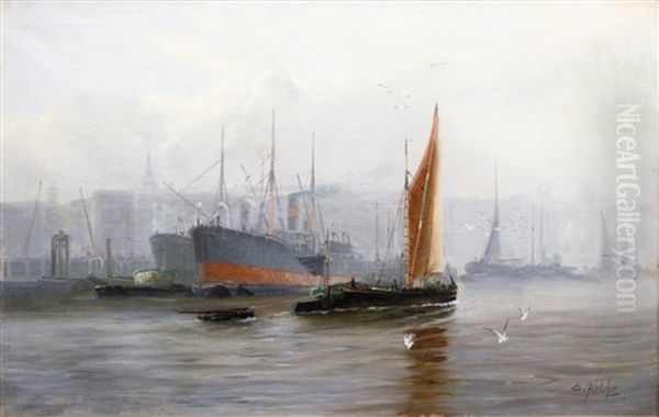 Shipping In A Port Oil Painting by Edward Henry Eugene Fletcher