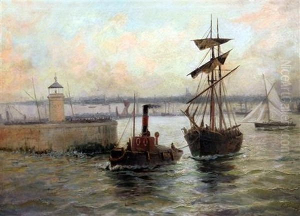 Tug And Sailing Ship Leaving Harbour Oil Painting by Edward Henry Eugene Fletcher