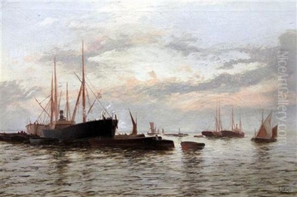 Shipping At Anchor On A Calm Sea Oil Painting by Edward Henry Eugene Fletcher