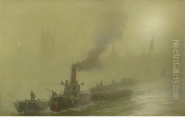 Silver Mist - Westminster (+ St. Pauls From The River By The Same Hand; 2 Works) Oil Painting by Edward Henry Eugene Fletcher