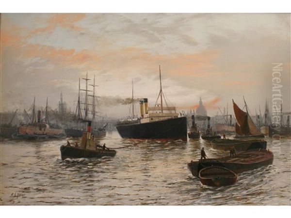 In The Pool; The Thames Off Blackwall (pair) Oil Painting by Edward Henry Eugene Fletcher