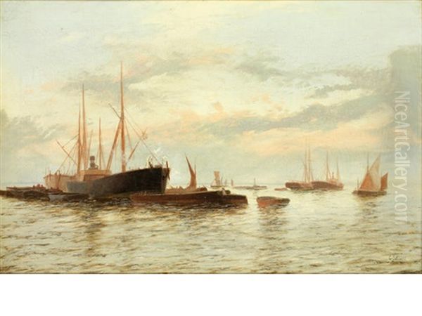 Steamers And Barges Anchored In Open Water Oil Painting by Edward Henry Eugene Fletcher