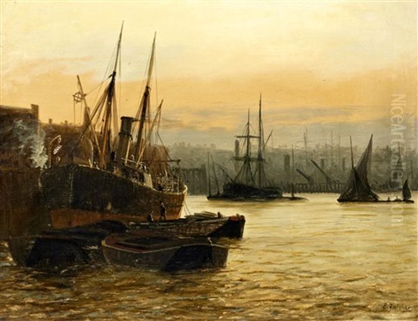 Coal Barges By A Coastal Steamer At A Wharf (+ Haybarge And Steamer Moored In An Estuary, Possibly The Thames Or Medway; Pair) Oil Painting by Edward Henry Eugene Fletcher