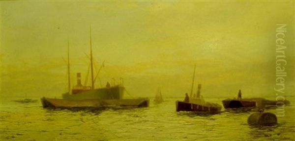 Warship At Sea Oil Painting by Edward Henry Eugene Fletcher