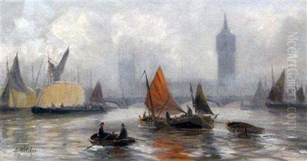 Shipping On The Thames (+ Shipping On The Thames; Pair) Oil Painting by Edward Henry Eugene Fletcher