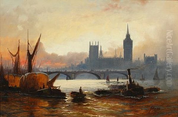 Shipping On The Thames Before Westminster (+ Another; Pair) Oil Painting by Edward Henry Eugene Fletcher