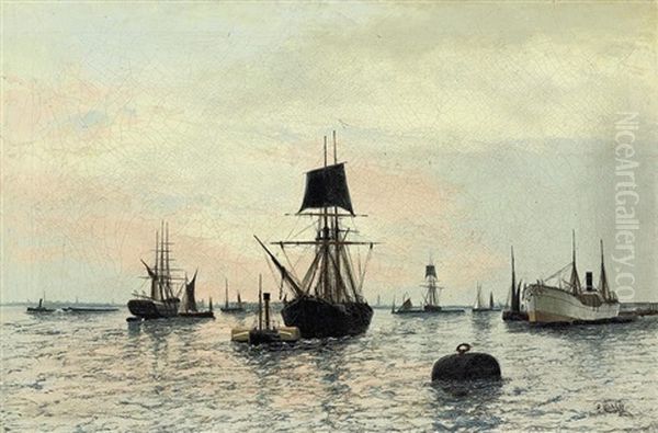 Towing In The Brig At Dusk (+ A Crowded Harbor In The Early Morning Light; Pair) Oil Painting by Edward Henry Eugene Fletcher