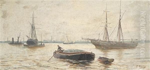 Ships At Anchor On The River (pair) Oil Painting by Edward Henry Eugene Fletcher