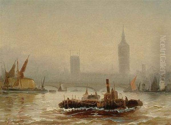 Thames View Of The Houses Of Parliament (+ View Of Greenwich; Pair) Oil Painting by Edward Henry Eugene Fletcher