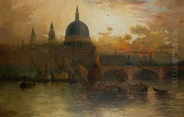 St. Paul's From The Thames At Sunset Oil Painting by Edward Henry Eugene Fletcher