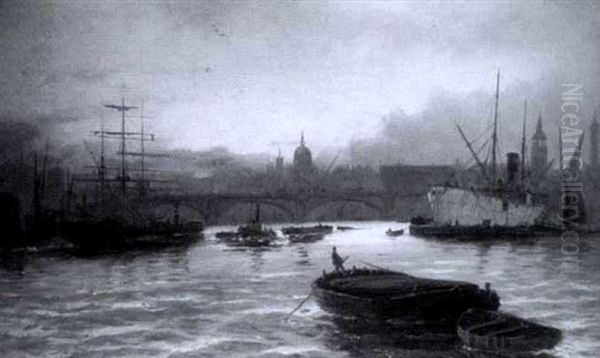 Shipping On The Thames, London (+ Another; Pair) Oil Painting by Edward Henry Eugene Fletcher