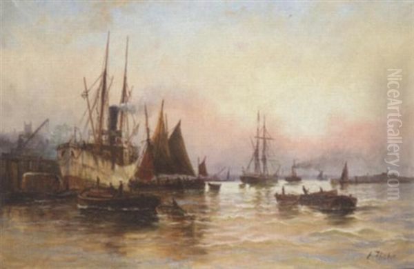 Shipping On The Thames Oil Painting by Edward Henry Eugene Fletcher