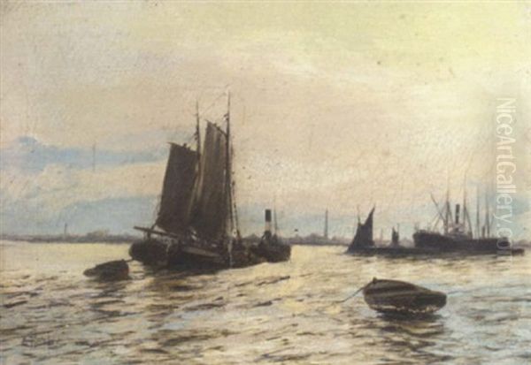 Barges And Tramp Steamers On The River Oil Painting by Edward Henry Eugene Fletcher