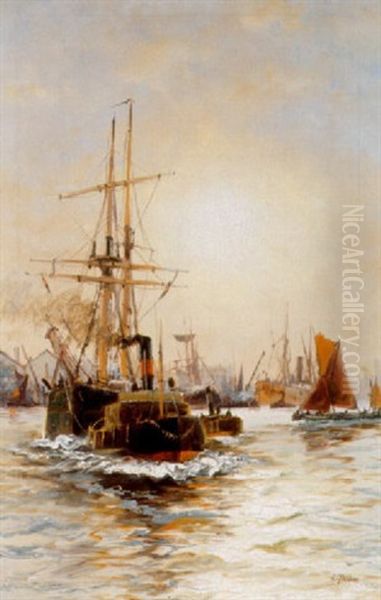 Shipping On The Thames Oil Painting by Edward Henry Eugene Fletcher