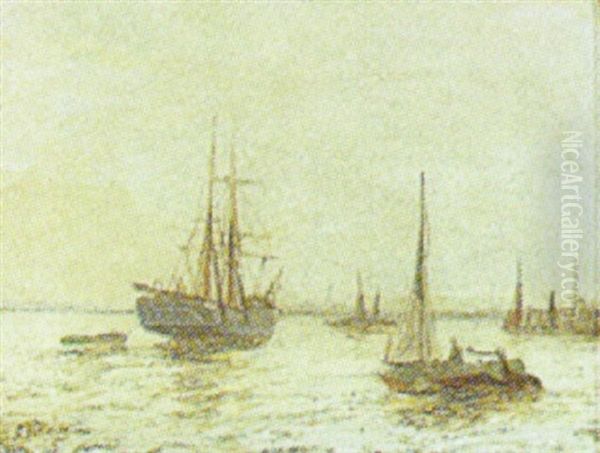 Marine Med Skibe, I Baggrunden Udsigt Mod By Oil Painting by Edward Henry Eugene Fletcher