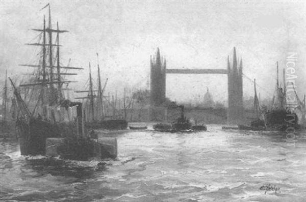 On The Thames - London Bridge Oil Painting by Edward Henry Eugene Fletcher