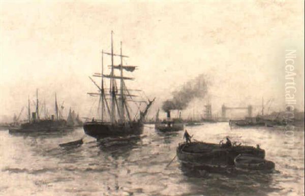 Shipping On The Thames, Tower Bridge Beyond Oil Painting by Edward Henry Eugene Fletcher