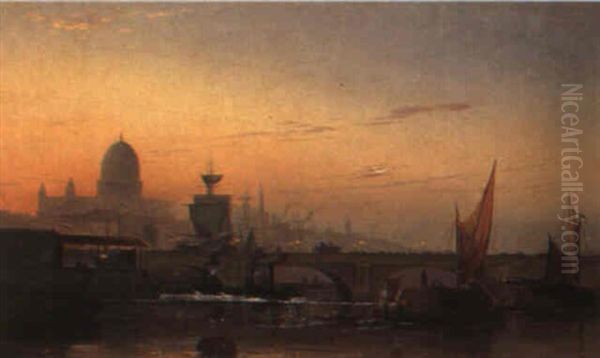 Sunset, London Bridge Oil Painting by Edward Henry Eugene Fletcher