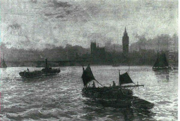 The Houses Of Parliament From The Thames Oil Painting by Edward Henry Eugene Fletcher