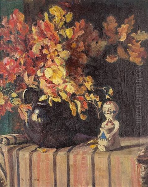 Still Life With Flowers And Kachina Oil Painting by Vallie Fletcher