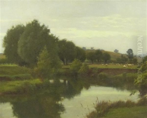 The Old Avon From Nafford, The Malvern Hills In The Distance Oil Painting by William Blandford Fletcher