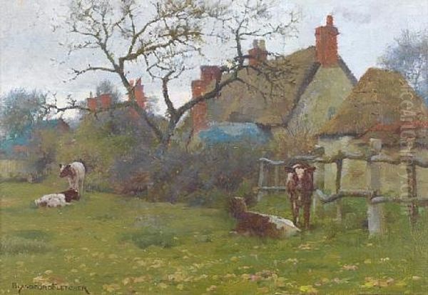 Cattle In A Field Beside A Cottage Oil Painting by William Blandford Fletcher