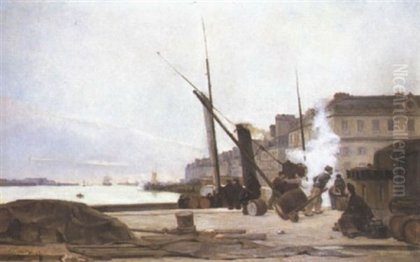 Le Dechargement Du Bateau Au Port Du Havre Oil Painting by Albert Francois Fleury