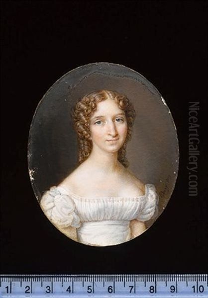 A Lady Wearing A White Dress With Puffed Sleeves, Her Chestnut Hair In Ringlets Oil Painting by Antoine-Claude Fleury