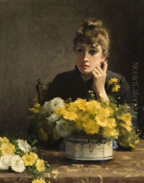 Autoportrait De L'artiste, Pensive Devant Un Bouquet De Fleurs Oil Painting by Fanny Laurent Fleury