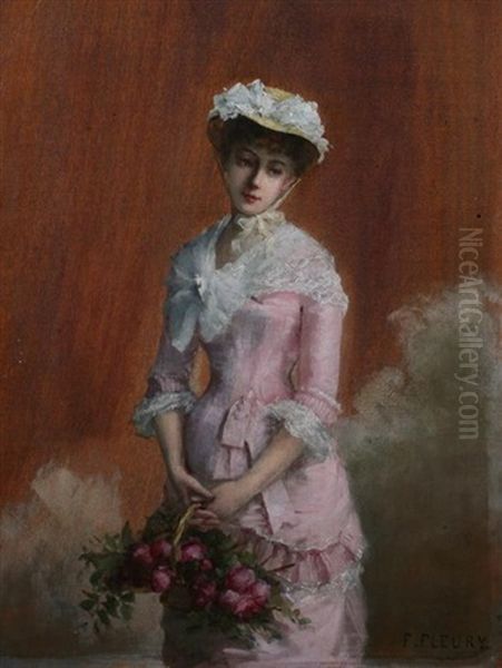 French Beauty In Pink With Basket Of Roses Oil Painting by Fanny Laurent Fleury