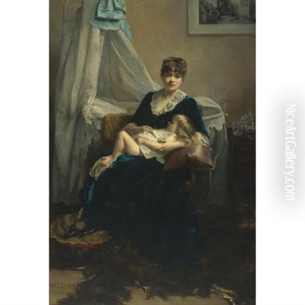 A Mother And Her Sleeping Child Oil Painting by Fanny Laurent Fleury