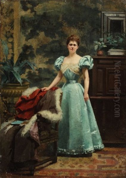 Portrait De Femme En Robe Bleue Dans Son Interieur Oil Painting by Fanny Laurent Fleury