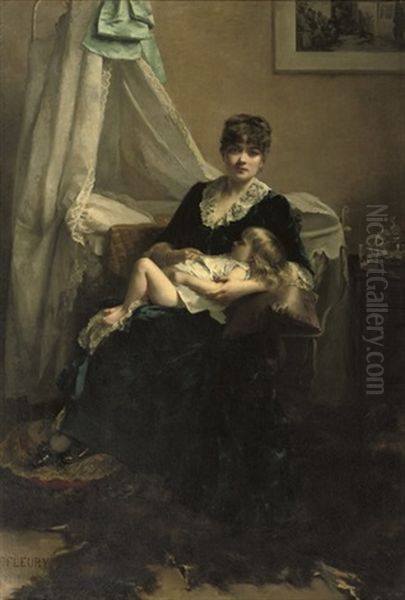 An Elegant Lady In An Interior With Sleeping Child Oil Painting by Fanny Laurent Fleury