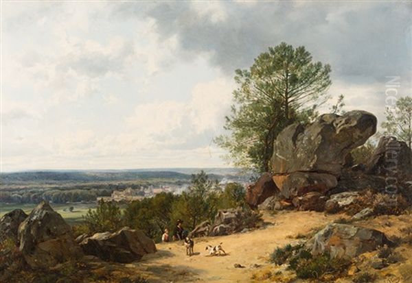 Weite Felslandschaft Mit Jagern Und Hunden Oil Painting by Francois Antoine Leon Fleury