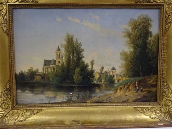 Paysage De Bords De Riviere A L'eglise Et Au Pont Oil Painting by Francois Antoine Leon Fleury