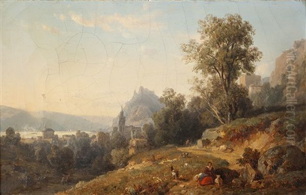 Vue Prise A Oberwessel, Sur Les Bords Du Rhin Oil Painting by Francois Antoine Leon Fleury