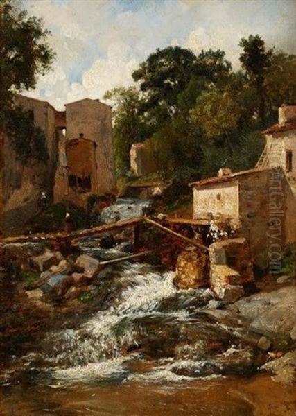 Village De Montagne Oil Painting by Francois Antoine Leon Fleury