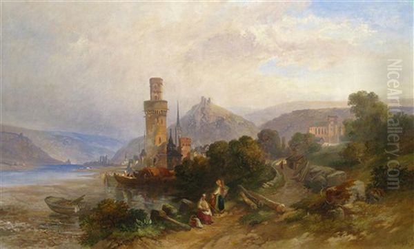 Figures Near A Town On The Rhine Oil Painting by Francois Antoine Leon Fleury