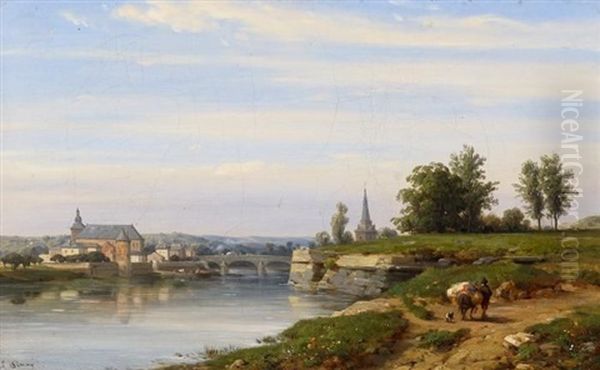 Franzosisches Stadtchen Am Fluss by Francois Antoine Leon Fleury