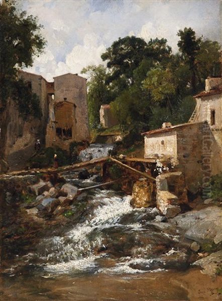 Der Steg Uber Dem Wildbach Im Dorf (normandie) Oil Painting by Francois Antoine Leon Fleury