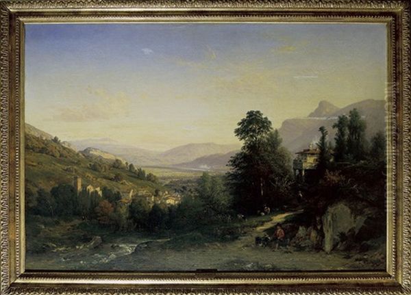 Paysage Et Village Dans La Vallee Oil Painting by Francois Antoine Leon Fleury