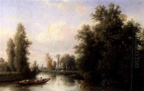 Flusslandschaft Mit Ruderboot Oil Painting by Francois Antoine Leon Fleury