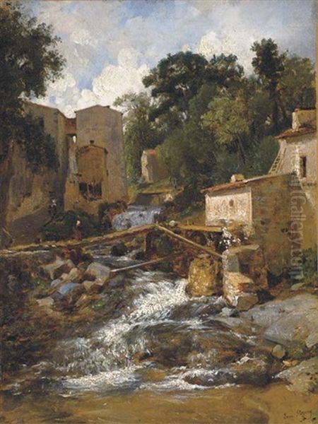 Village De Montagne Traverse Par Un Torrent (+ Study, Pencil And Chalk; 2 Works) Oil Painting by Francois Antoine Leon Fleury