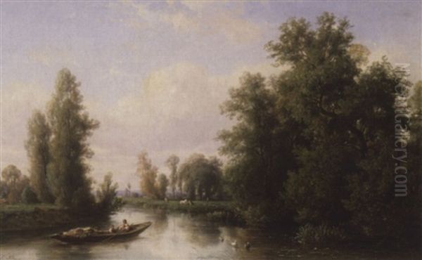 Flusslandschaft Mit Ruderboot Oil Painting by Francois Antoine Leon Fleury