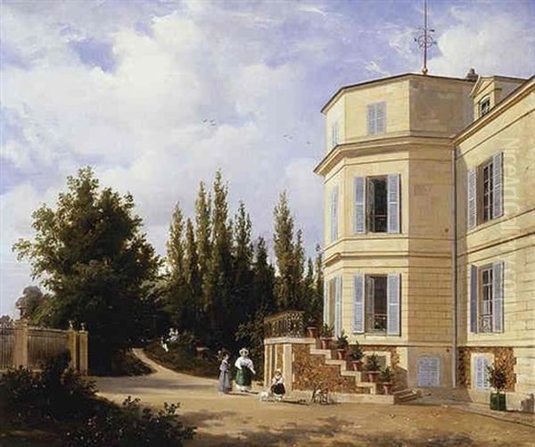 Young Women And A Girl In Front Of A House Oil Painting by Francois Antoine Leon Fleury